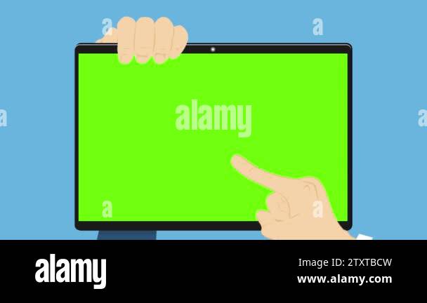 Front view of animation businessman are touch computer screen with ...