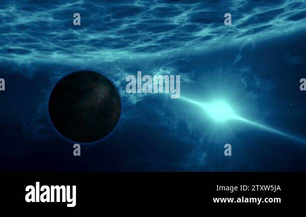 Rocky exoplanet orbiting in distant quasar system. Planet over blue ...