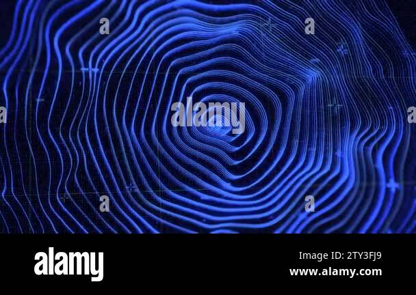 Abstract waving texture of glowing blue rings on black background ...