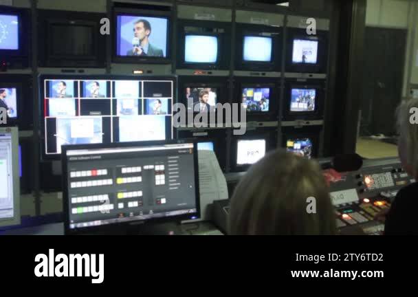 Monitor monitors in TV studio during tv ether. Control room Stock Video ...