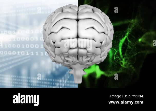 Digitally animated of a white digital brain with a cloudy sky ...