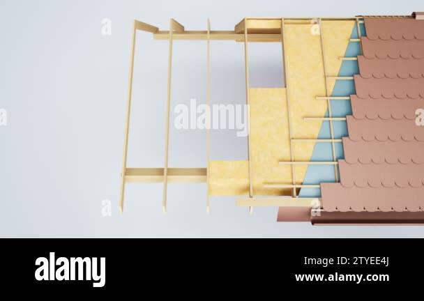 Section of roof structure, visible rafters, insulation, brown ceramic ...