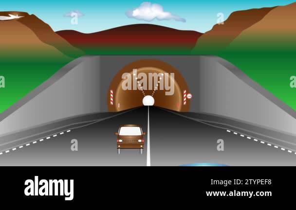 Tunnel in mountains. Highway and cars before an tunnel. Two lanes road ...