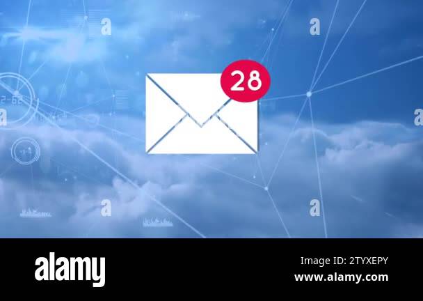Digital animation of an email icon with number counting up on a sky ...