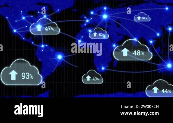 Digital animation of upload progress percentage in clouds moving with ...