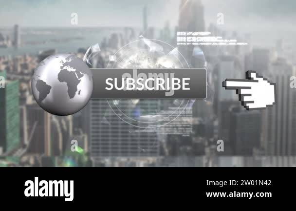 Digital animation of a subscribe button with a hand icon pointing ...