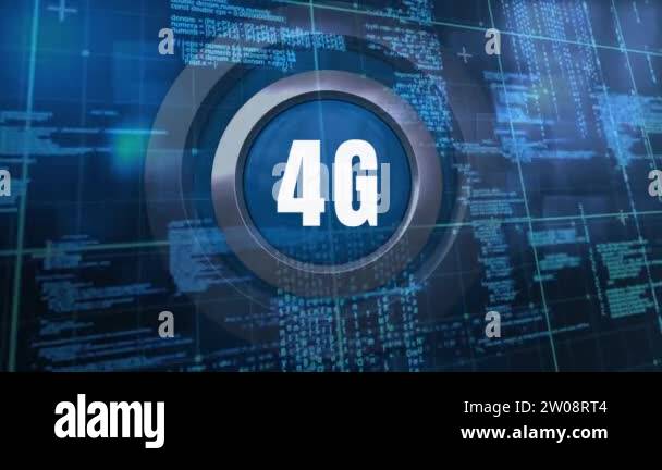 Large 4G connection icon and computer programming codes in a square ...