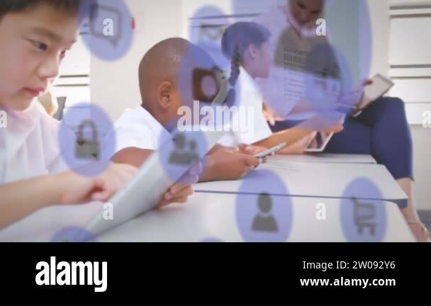 Animation of kids sitting by desks in a classroom with their female ...