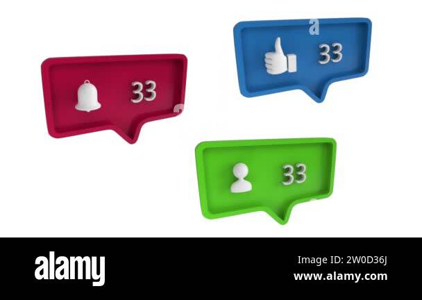 Digital animation of bell, like and follow icons with increasing count ...