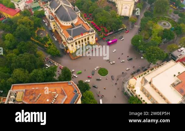 HANOI, VIETNAM - APRIL, 2020: Aerial top view of the opera house and ...