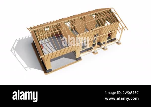 Stages of construction of wood frame modern house. Rafters, beam, osb ...