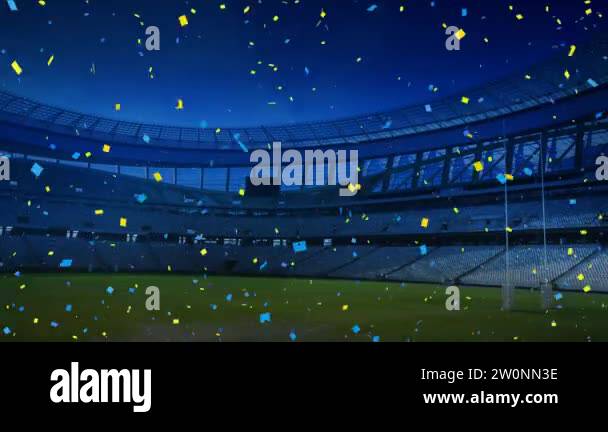 Animation of colorful confetti falling down in front of sports stadium ...