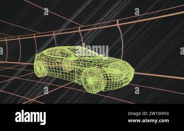 Animation of 3d technical drawing of a car in yellow, with moving grid ...
