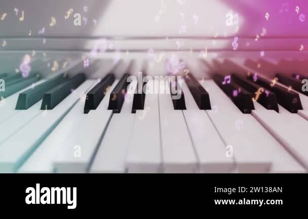 Background with animation of play on piano with pushing piano keys and ...