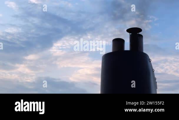 Marine air pollution from ferry boat. Chimney smoke on ferry boat in ...