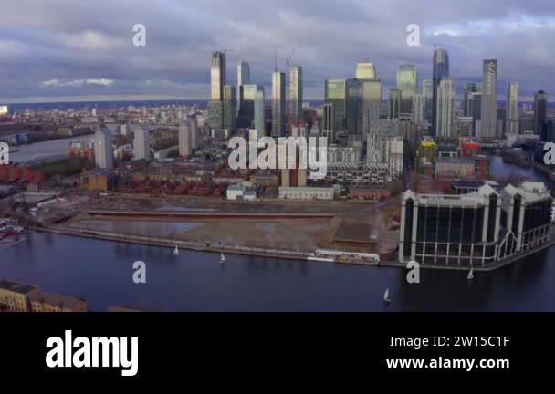 Aerial Panoramic skyline view of Bank and Canary Wharf, central London ...