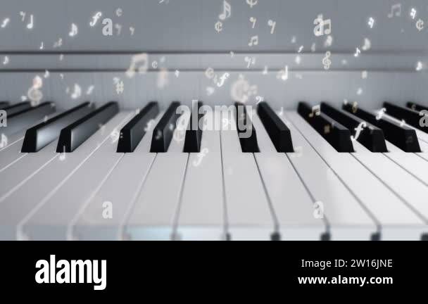 Background with animation of piano keys and flying symbols of music ...