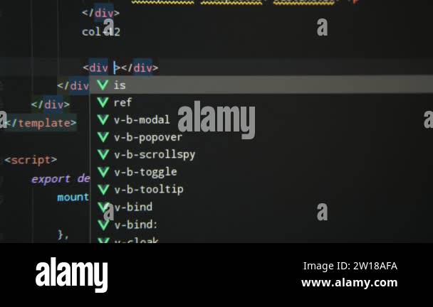 The programming work depicted on a wide black pc screen with many ...