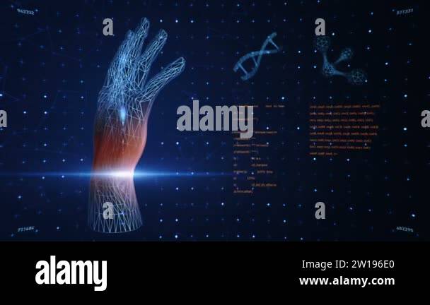 Background with animation of abstract interface. Human body, DNA ...