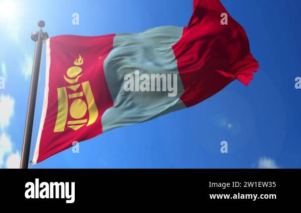 Mongolia animated flag in the wind with blue sky in the background ...