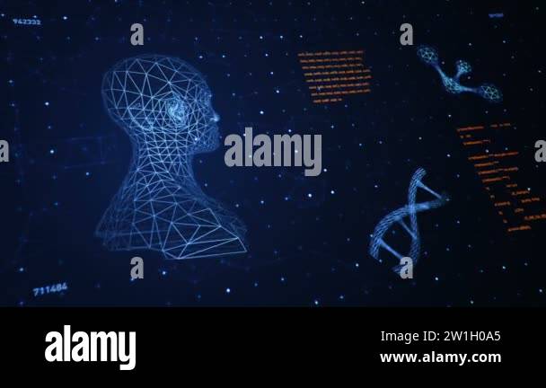 Background with animation of abstract interface. Human body, DNA ...