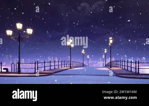 Dreamlike winter scenery with empty bridge and pavement walkway lit by ...