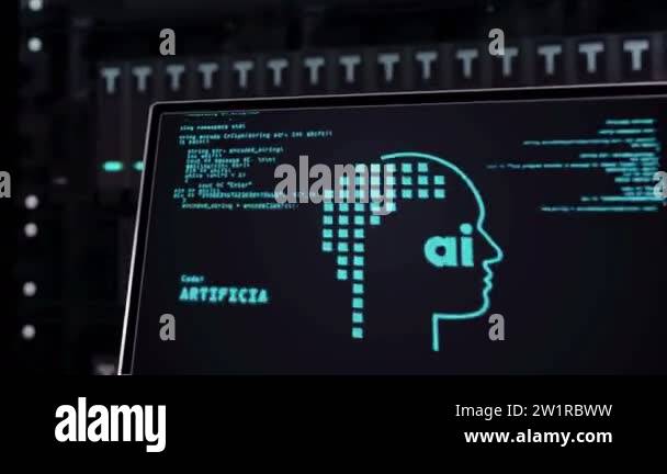 Artificial intelligence symbols on datacenter. The concept of ...