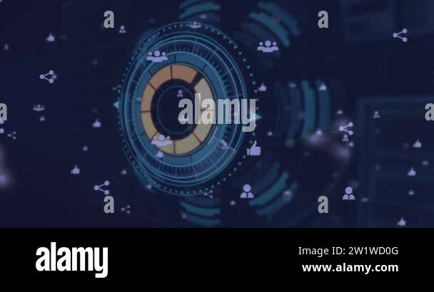 Digital animation of Network of connection icons over digital interface ...