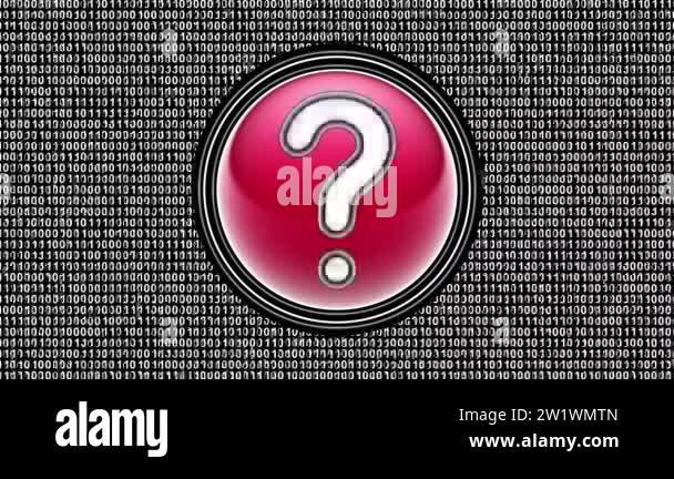 Question mark. Binary code ( array of bits ) in the screen. Looping ...