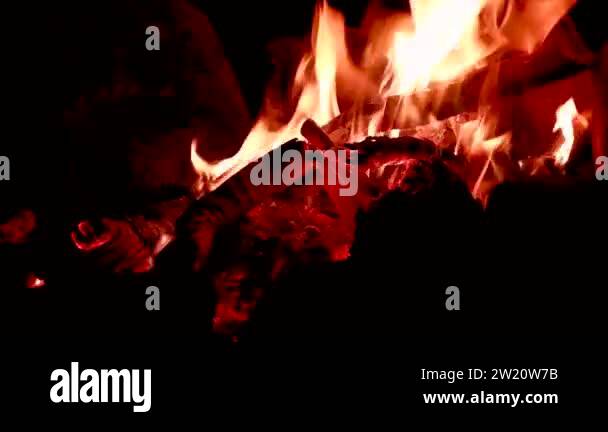 The bright flame of the fire burns in nature on a dark night. Bright ...