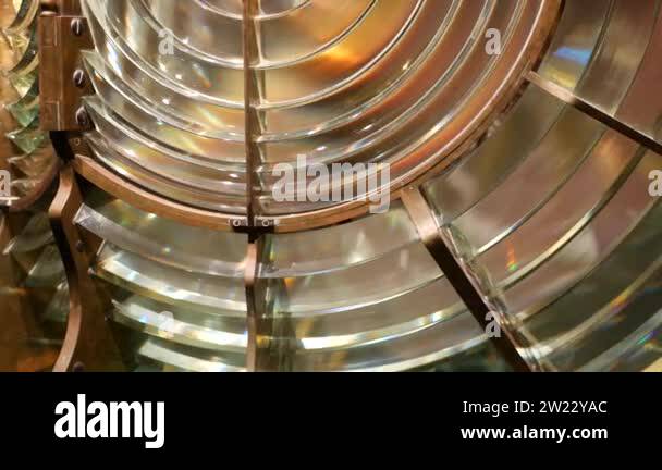 Fresnel lens with brass structure, nautical lighthouse tower. Detail of ...