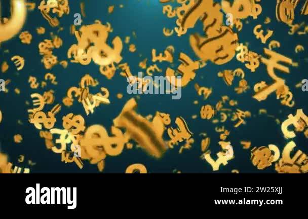 Golden currencies symbols falling down in low depth of field loop ...