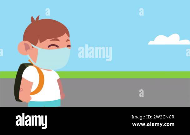 little student boy wearing medical mask character in the street Stock ...