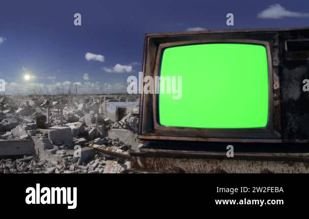 Retro TV Green Screen in a Demolished Ghost Town. You can Replace Green ...