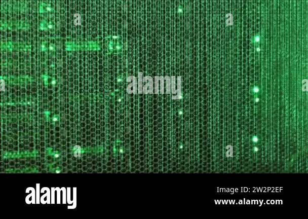 Binary code in front of a network switch with traffic LED in a data ...