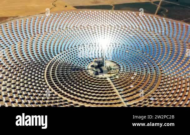 Modern solar power station with tower in aerial view, Concentrated