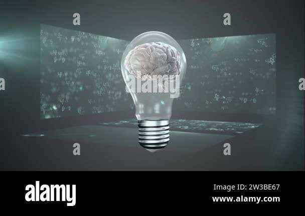 Animation of a light bulb with a 3D human brain model spinning over ...