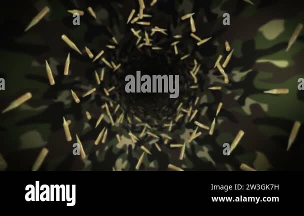 Rotating Bullet Flying many ammunition bullets on green camouflage background. Military ...