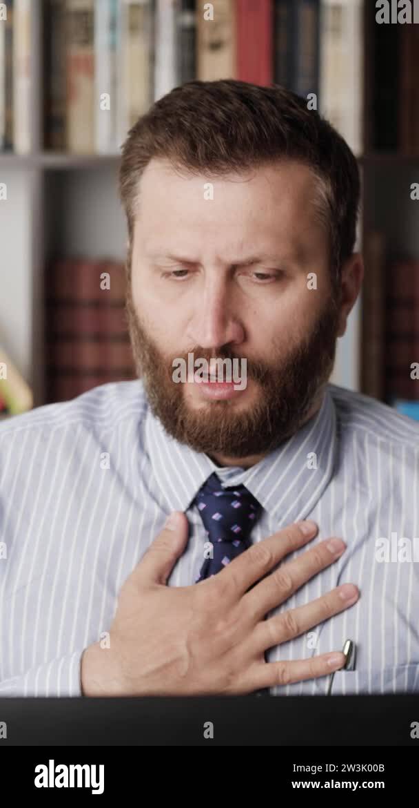 Trouble breathing, chest pain. Vertical orientation of working man, he