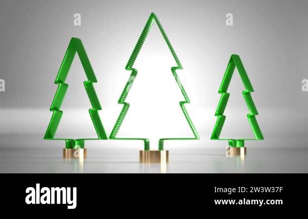 Three geometrical Christmas trees rotating around isolated on white ...