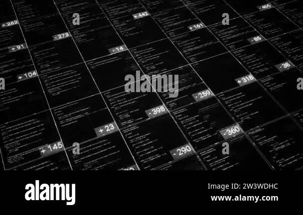 Computer codes in cells with numbers on black background. Animation ...