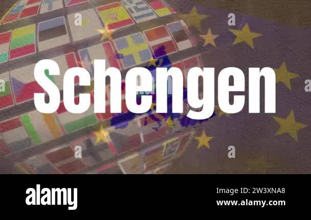 Animation of the word Schengen written over background with flags of ...