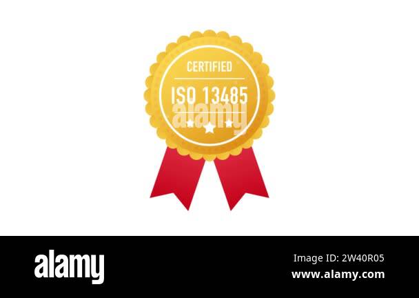 ISO 13485 certified golden label on white background. Motion graphics ...