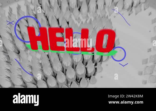Digital animation of hello text against 3d shapes on white background ...