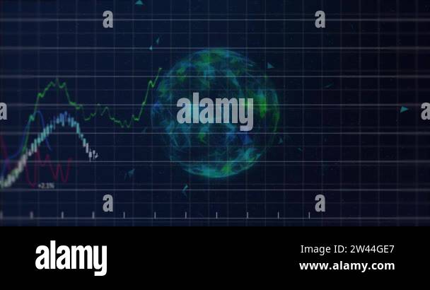 Animation of financial stock market data processing over globe formed ...