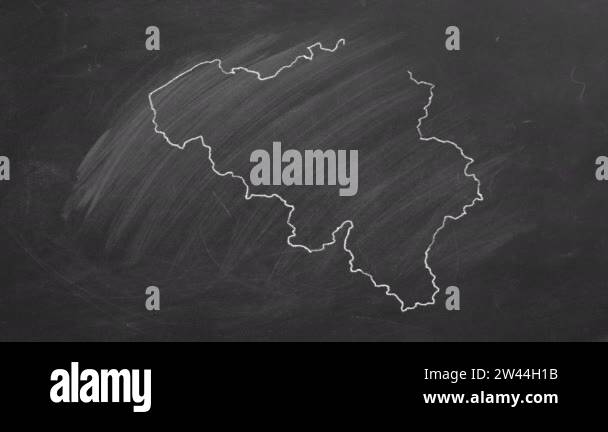 Country map and flag of Belgium drawing with chalk on a blackboard. 4K ...