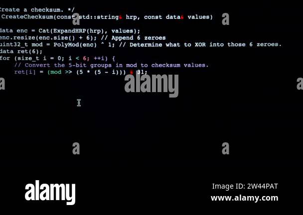 Programming code running down a computer black screen terminal Stock ...
