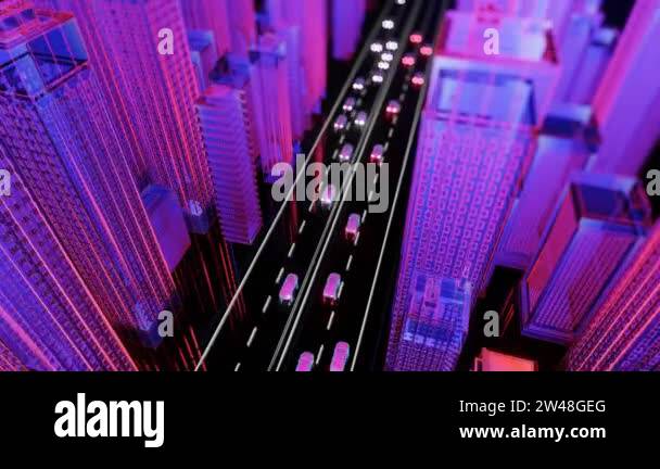 Seamless loop abstract hologram 3D city rendering with cars and camera ...