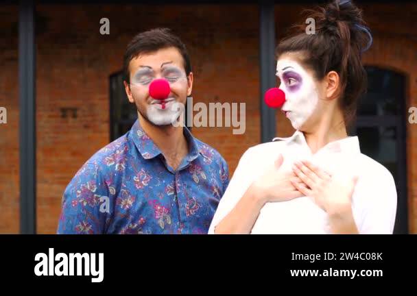 Two funny clowns kissing, pantomime, mimes, performance Stock Video ...