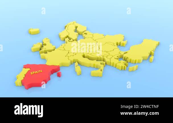 A 3D animated rendered map of Europe, focused on Spain with a map ...